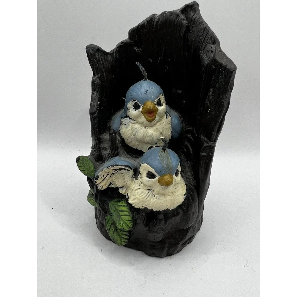 Vintage BLUE BIRDS Candle wax Figure Painted in Tree 1970s Excellent 3-D